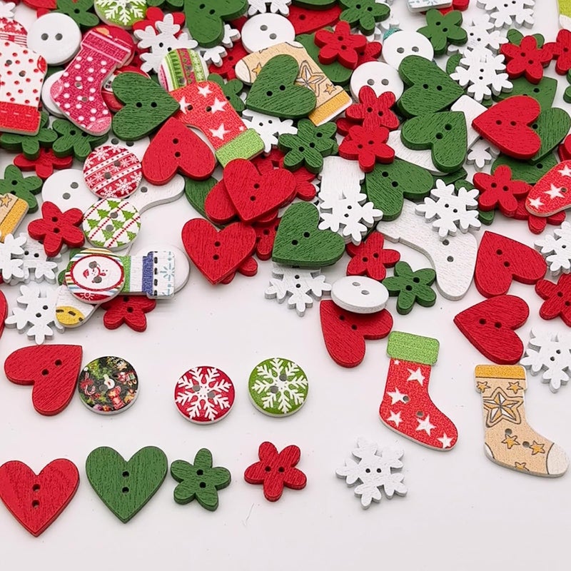 KOVOLALA 100 PCS Christmas Wooden Buttons Assorted Christmas Art Craft Buttons Snowflake Buttonsfor Handmade Project, Mixed Sizes and Styles - Image 1
